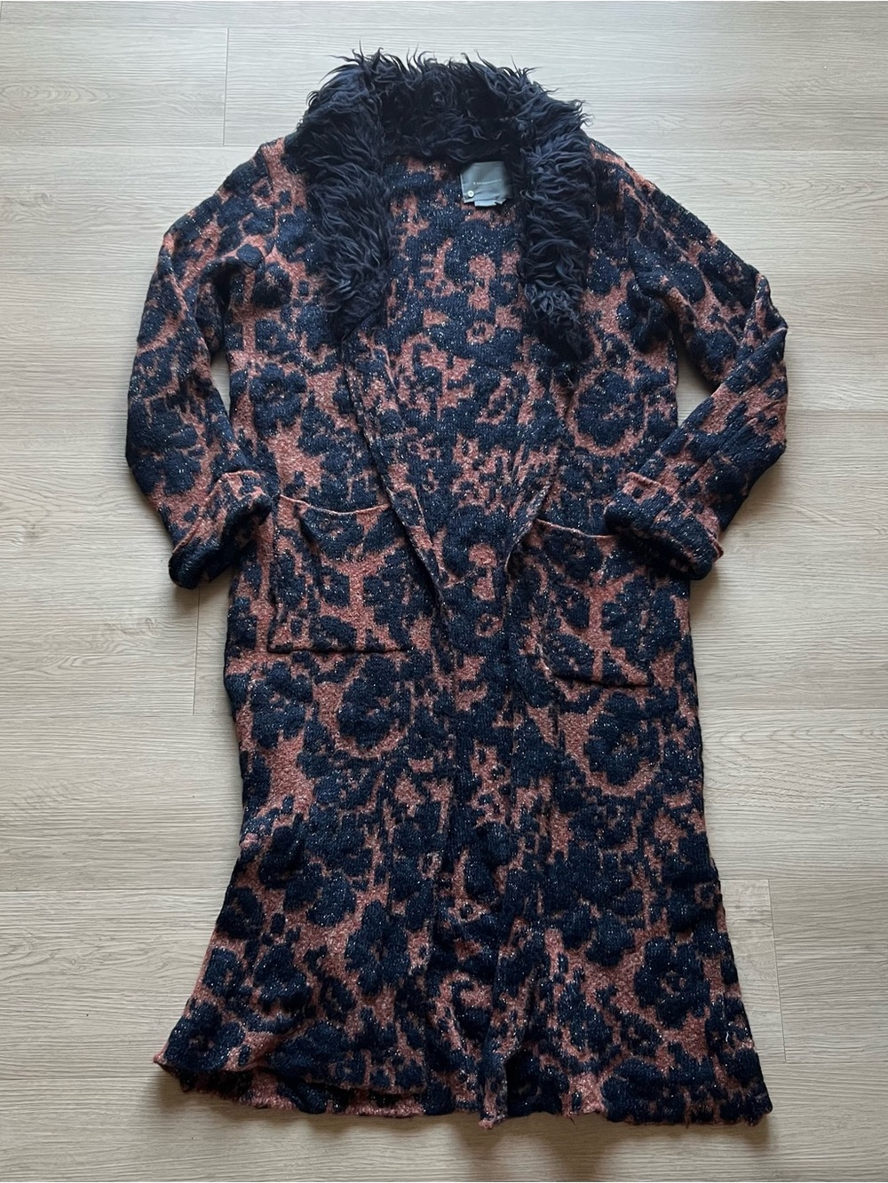 Anthropologie Black & Rust Floral Knit Cardigan with Faux Fur Trim